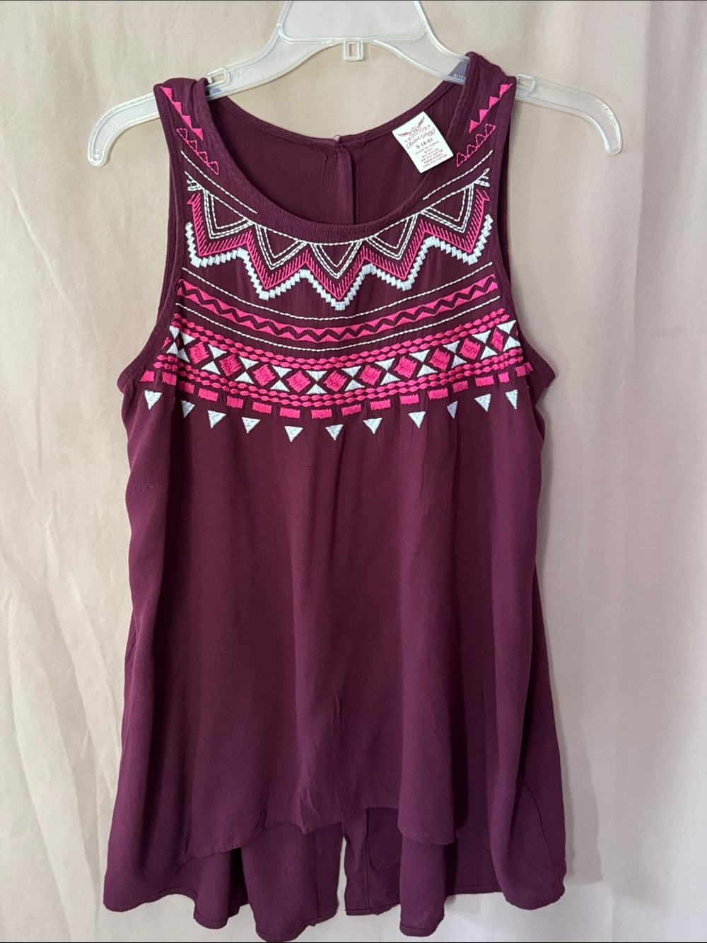 Faded Glory Wine Tank Top with Pink & White Embroidery